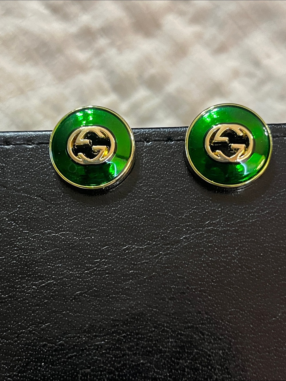 Double G Designer Emerald Green Enamel Letter Logo Gold Tone Earrings